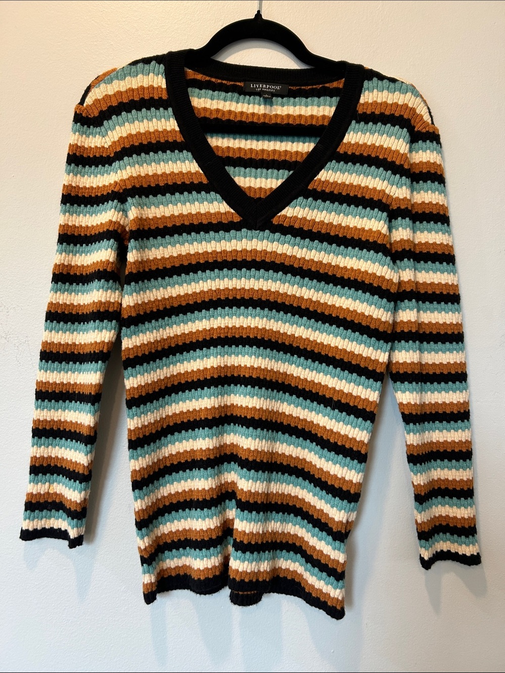Liverpool Striped V-Neck Sweater in Black, Cream, Brown, Teal